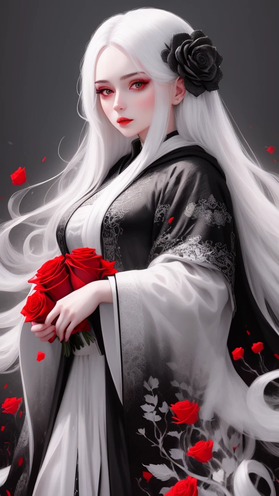 Hand drawn illustrations，Texture Noise，A woman，White long hair，Wearing a black robe with dark patterns，The body is supported by red roses，Strong contrast，Black and White