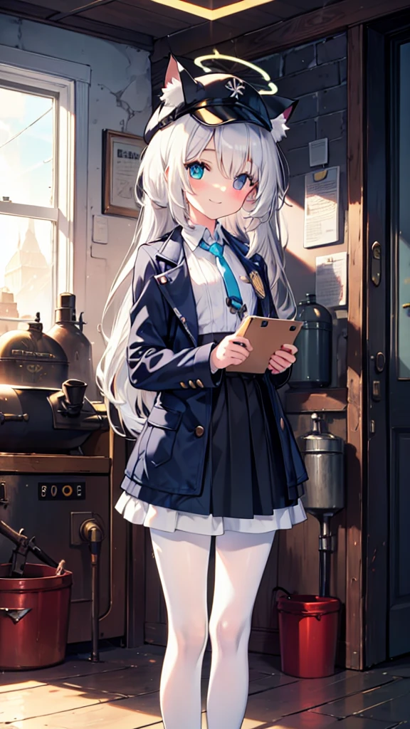 White pantyhose，White hair，Smile，Long hair，Cat ear，Heterochromia（Left blue right yellow），Female face，There are bright spots in the eyes，flat chest，blue halo，Alone，Inside the boiler room，Sunset，Steampunk，hat，Carrying a toolbox