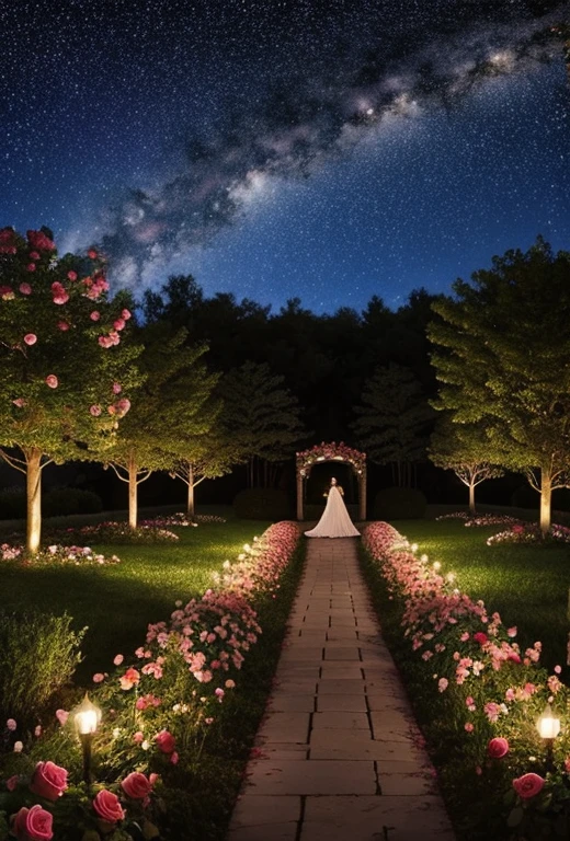 A  standing in a beautiful roses garden, wearing a roses crown, staring at the starry night sky with constellations. A dreamy landscape picture.