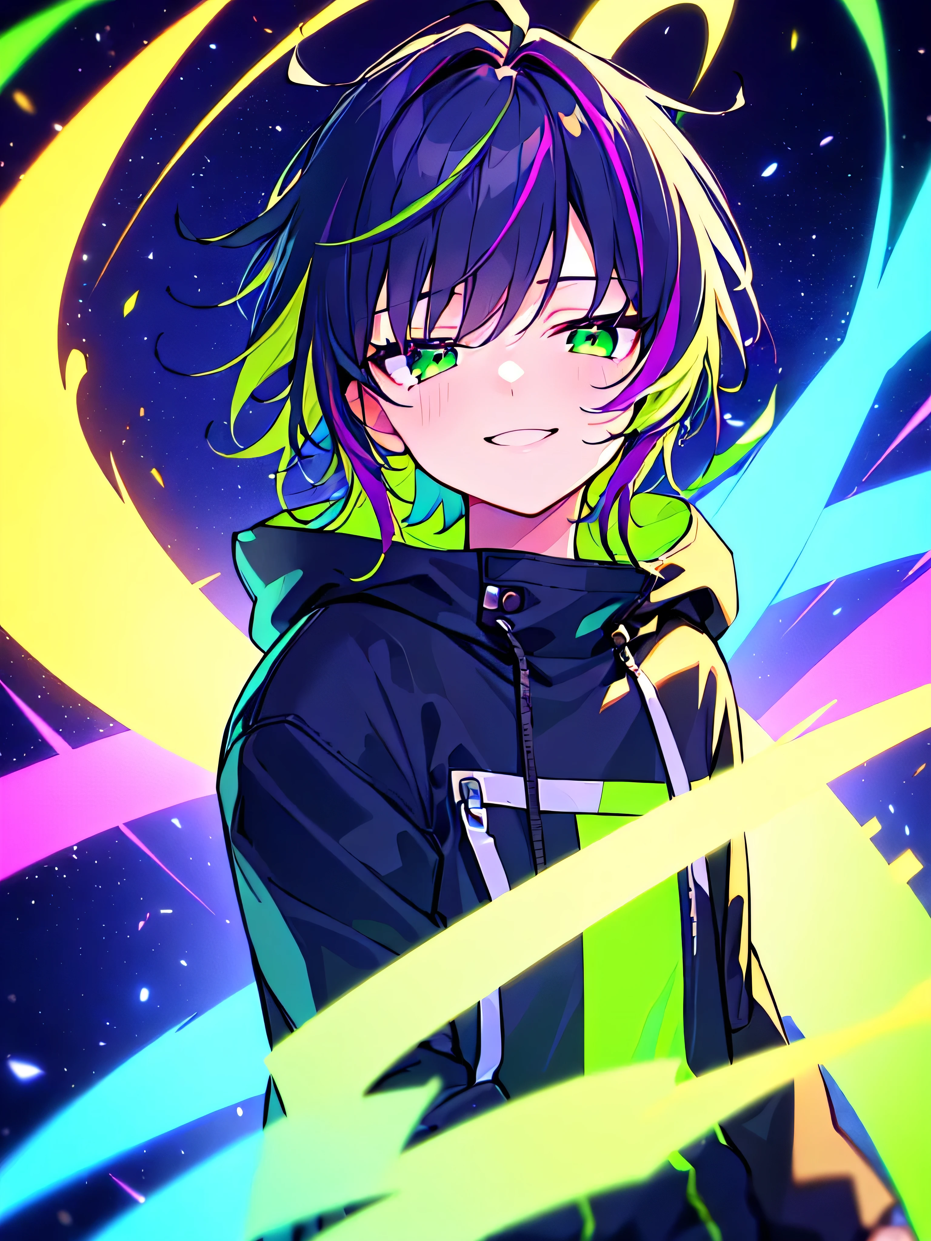 [(GALAXY BACKGROUND:1.5),::5], ((((masterpiece)))), high quality, ultra very high resolution, full color, (((solo))), (( boy)), Purple hair, ((Green streaked hair)), (Green eyes), anime, ((upper body)), neon light, black parka, smile