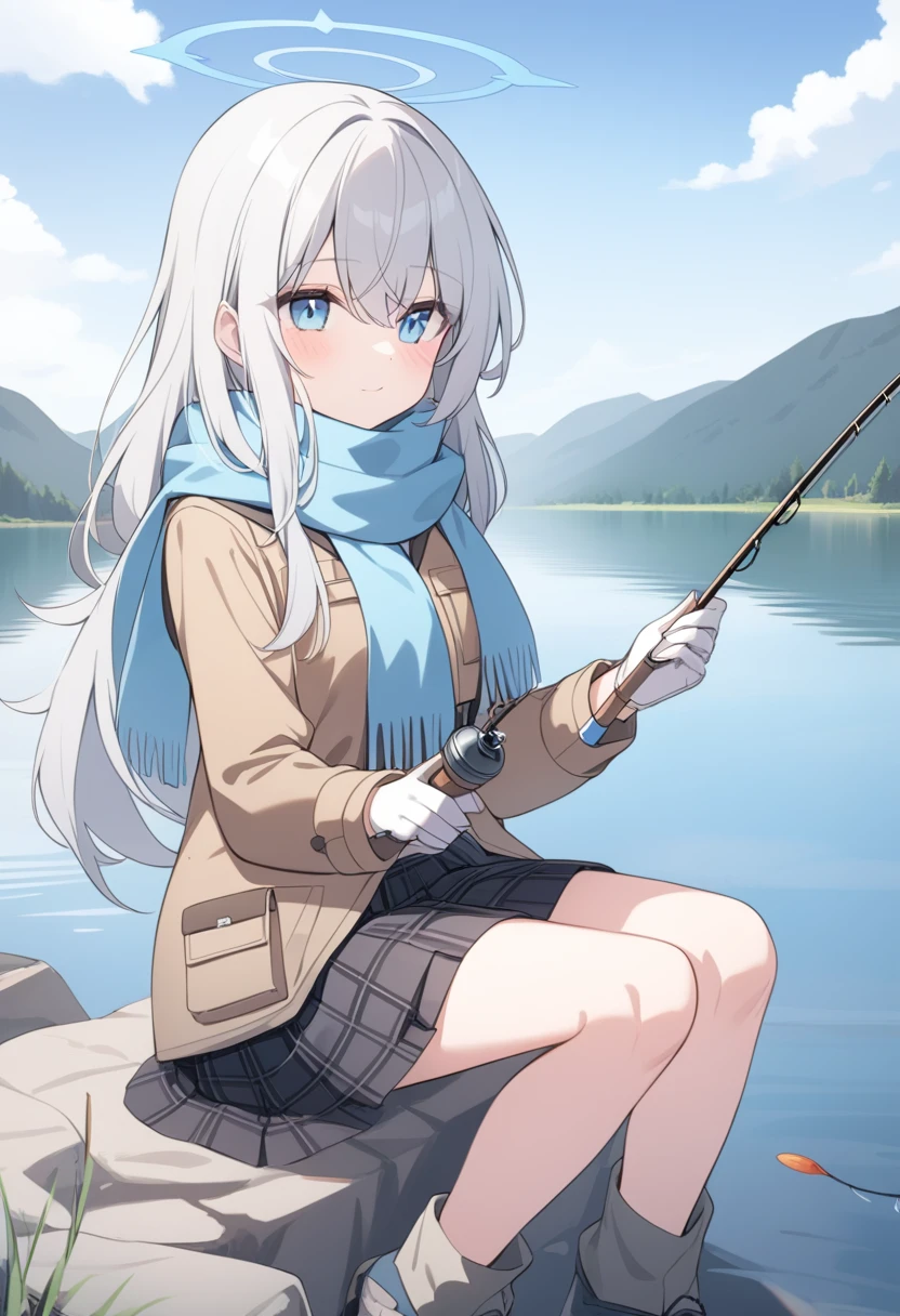 girl,Silver long hair, blue eyes, Wearing brown mountaineering clothes,A sky blue scarf, White gloves, And black plaid skirt, Sitting by the lake,Fishing with a fishing rod, blue halo,Fisherman's hat,Wear your hat,Gray wolf ears,Staring at the water