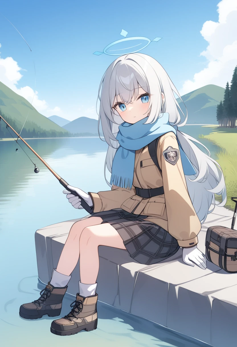 girl，Silver long hair, blue eyes, Wearing brown mountaineering clothes,A sky blue scarf, White gloves, And black plaid skirt, Sitting by the lake，Fishing with a fishing rod, blue halo，Fisherman&#39;s hat，Wear your hat，Gray wolf ears，Staring at the water