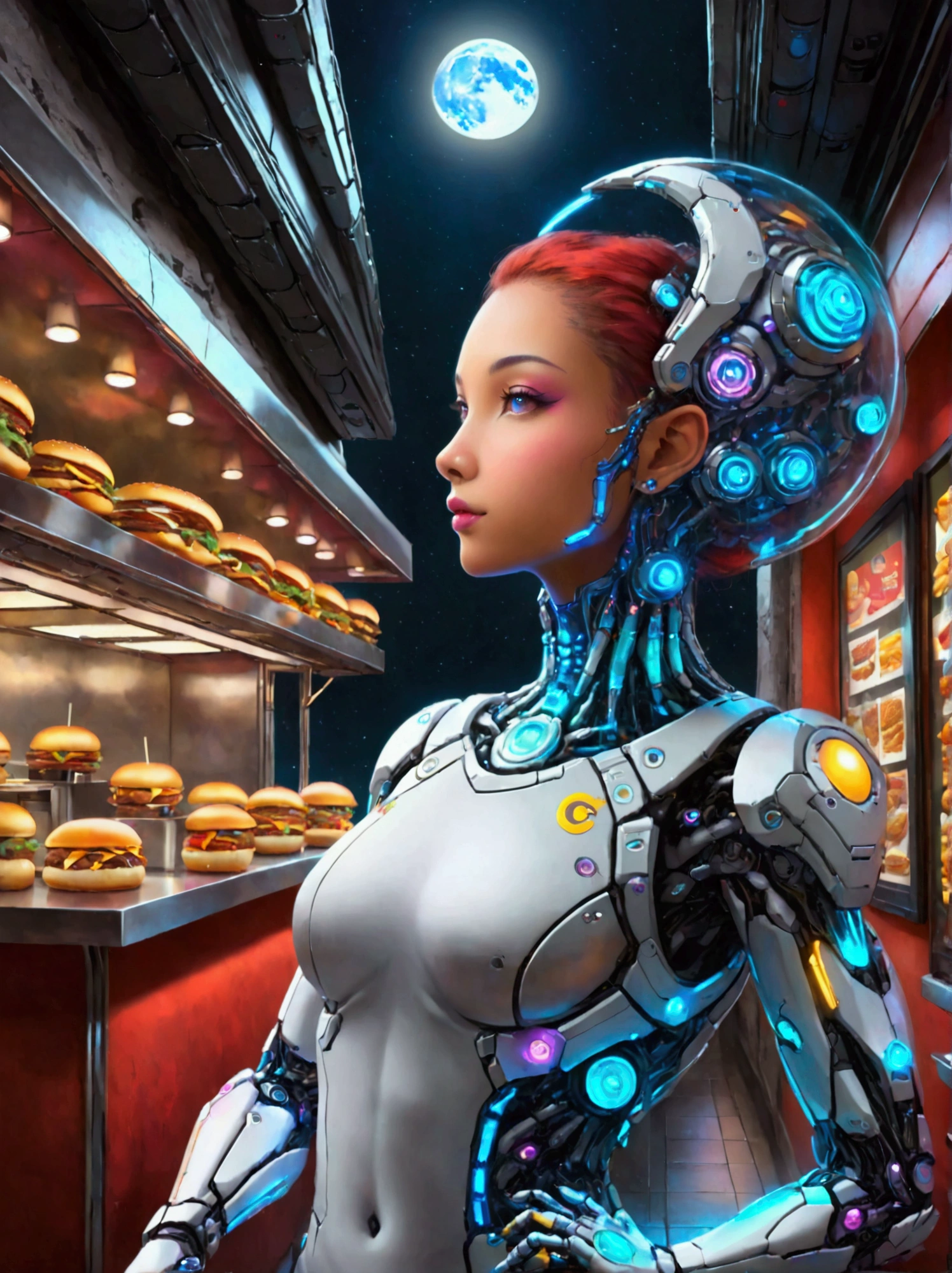 Best quality，8K，high resolution，masterpiece，Ultra Detailed，lifelike，Photorealism，future world，(Fast food restaurant cyborg female employee on the moon:1.5)，(apron)，(Fast food restaurant staff uniforms)，Transparent Mecha，Cyberpunk cyborg woman，doll，Beautiful meticulous eyes，Beautiful delicate lips，Extremely detailed eyes and face，Long eyelashes，Physically Based Rendering，Extremely detailed description，Ultra-detailed paintings，Futuristic interior decoration，Neon，Sharp focus，Vibrant colors，Science Fiction，Concept Art，High-tech atmosphere，Studio Lighting，HDR，Ultra HD，Bokeh