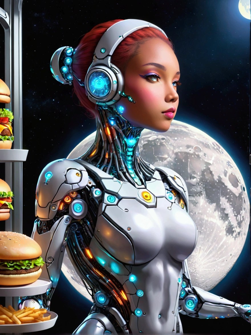 Best quality，8K，high resolution，masterpiece，Ultra Detailed，lifelike，Photorealism，future world，(Fast food restaurant cyborg female employee on the moon:1.5)，(apron)，(Fast food restaurant staff uniforms)，Transparent Mecha，Cyberpunk cyborg woman，doll，Beautiful meticulous eyes，Beautiful delicate lips，Extremely detailed eyes and face，Long eyelashes，Physically Based Rendering，Extremely detailed description，Ultra-detailed paintings，Futuristic interior decoration，Neon，Sharp focus，Vibrant colors，Science Fiction，Concept Art，High-tech atmosphere，Studio Lighting，HDR，Ultra HD，Bokeh