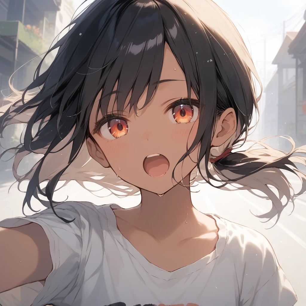 score_9, score_8_up, score_7_up, source_anime, best quality, masterpiece, official art, absurdres, highres, ultra-detailed,waifu2x,Collection: Slice of Life,break,1girl, tomboy, dark-skinned female, short hair, low ponytail, flat chest, beautiful detailed eyes, short shorts, sweat, open mouth, (yawn:0.3), sleepily, outdoors, wind,break,(clear line illustration:1.2), super detailed skin,very high resolution, very aesthetic, Best sexual lighting powered by famous artist, 8k,cute picture,beauty illustration,photoshop_(medium),,(Detailed Lighting),best anime 8k konachan wallpaper, pixiv contest winner,