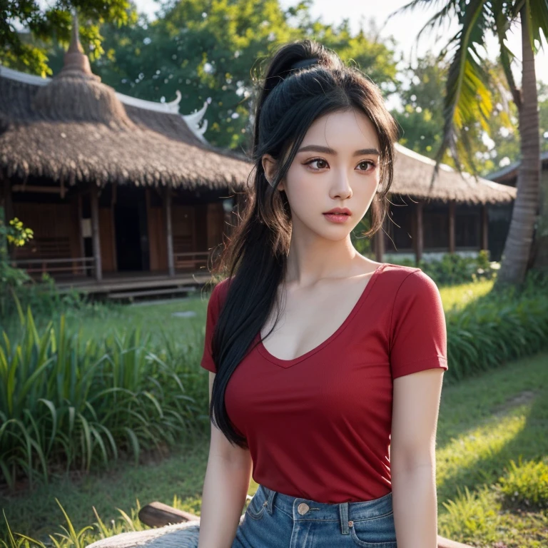 Frontal photo of Araffe woman, 25 30 years old, Old jeans torn, wearing a red shirt, dark yellow, Wear a black shirt., Dark Green, Looking straight at you intently, ponytail, Long-haired woman with a round face, Red cheeksแดงอมชมพู, black eyes ตาสองชั้น, black eyes, Thai anime, Has a large chest size of 38 inches.,  ผู้หญิงblack hairไหล, long black hair, long black hair, black hairยาวปลิวไปตามสายลม, long black hairไหล, เธอมีblack hair, black hair, black hairของเธอเป็นลอนยาว, black hairสวย, black hairธรรมชาติเข้มเป็นพิเศษ, long black hair ภาพถ่าย, Model with an attractive body, The shirt is tight., Looks hot., ,black eyes,abdominal muscles, rounded chest,photo-realistic: Open the aperture wide., professional lighting, Sony A7R4, 50 mm sitting lens. 2 ; Warm light, (digital painting, HDR, high contrast (digital painting, HDR, high contrast), (Highest quality),(Masterpiece:1.3),(sharp focus:1.22), glowing face, (Red cheeks:1.6:), outdoor, The background is a rice field., There is an old thatched Thai-style hut in the background., The evening sun shines, beautiful female model, jaw-dropping beauty, Attractive face and body