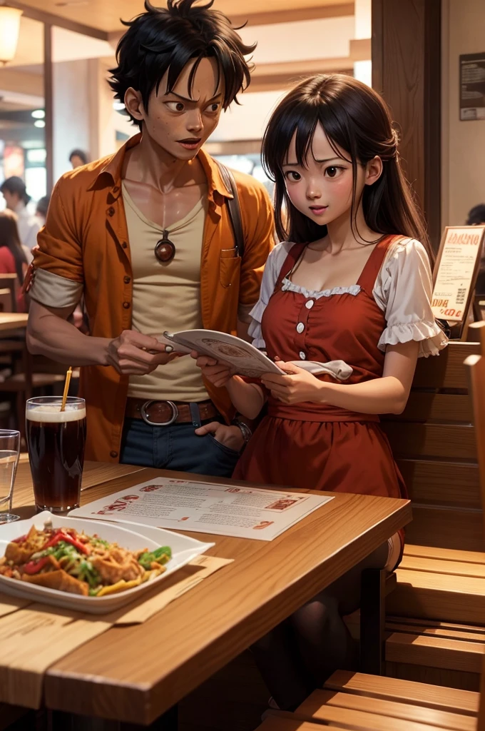 Luffy and the girl at a restaurant table, with Luffy eagerly ordering the entire menu, pointing at the menu excitedly.