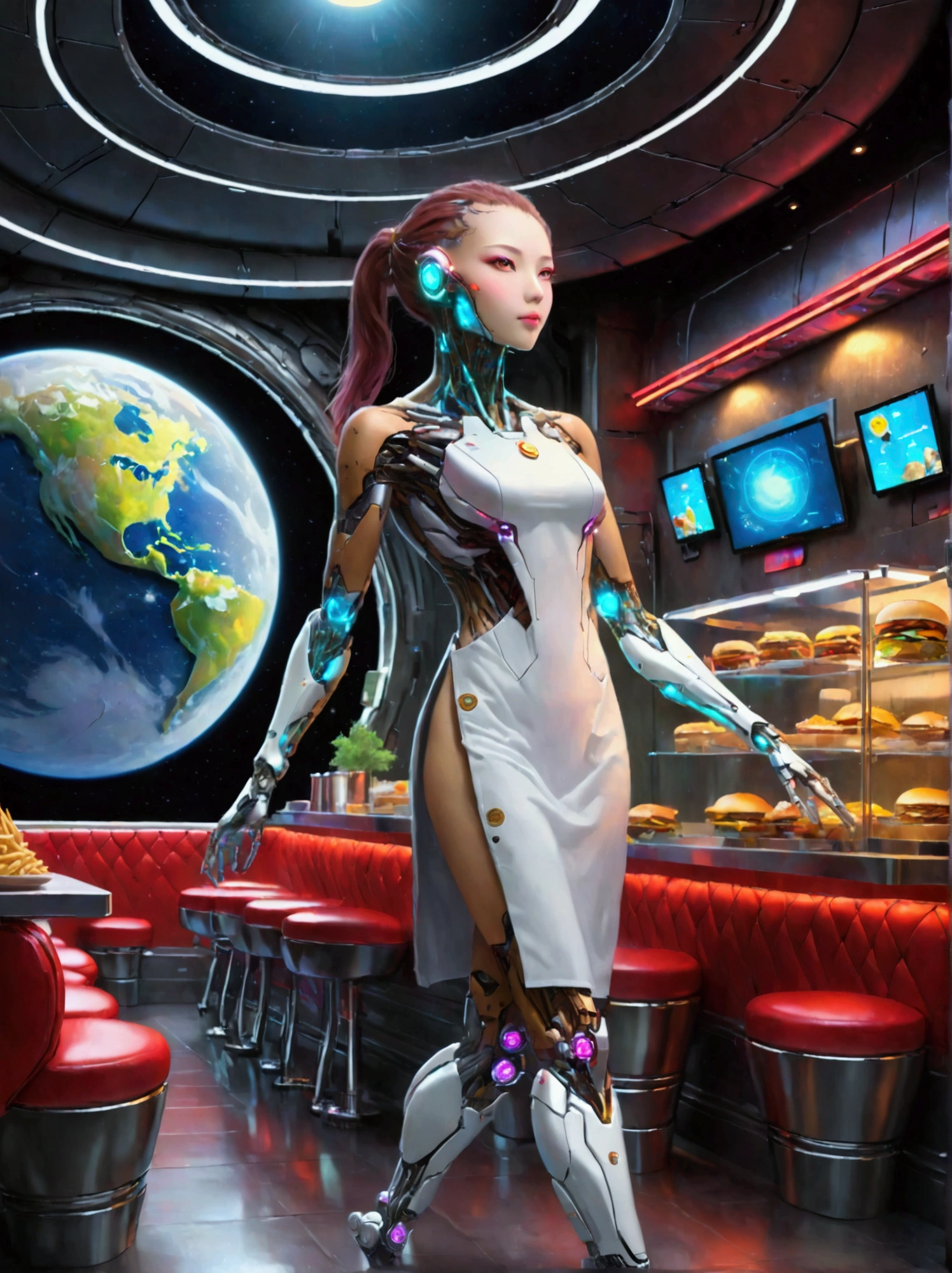 Best quality，8K，high resolution，masterpiece，Ultra Detailed，lifelike，Photorealism，future world，(Fast food restaurant cyborg female employee on the moon:1.5)，(apron)，(Fast food restaurant staff uniforms)，Transparent Mecha，Cyberpunk cyborg woman，doll，Beautiful meticulous eyes，Beautiful delicate lips，Extremely detailed eyes and face，Long eyelashes，Physically Based Rendering，Extremely detailed description，Ultra-detailed paintings，Futuristic interior decoration，Neon，Sharp focus，Vibrant colors，Science Fiction，Concept Art，High-tech atmosphere，Studio Lighting，HDR，Ultra HD，Bokeh