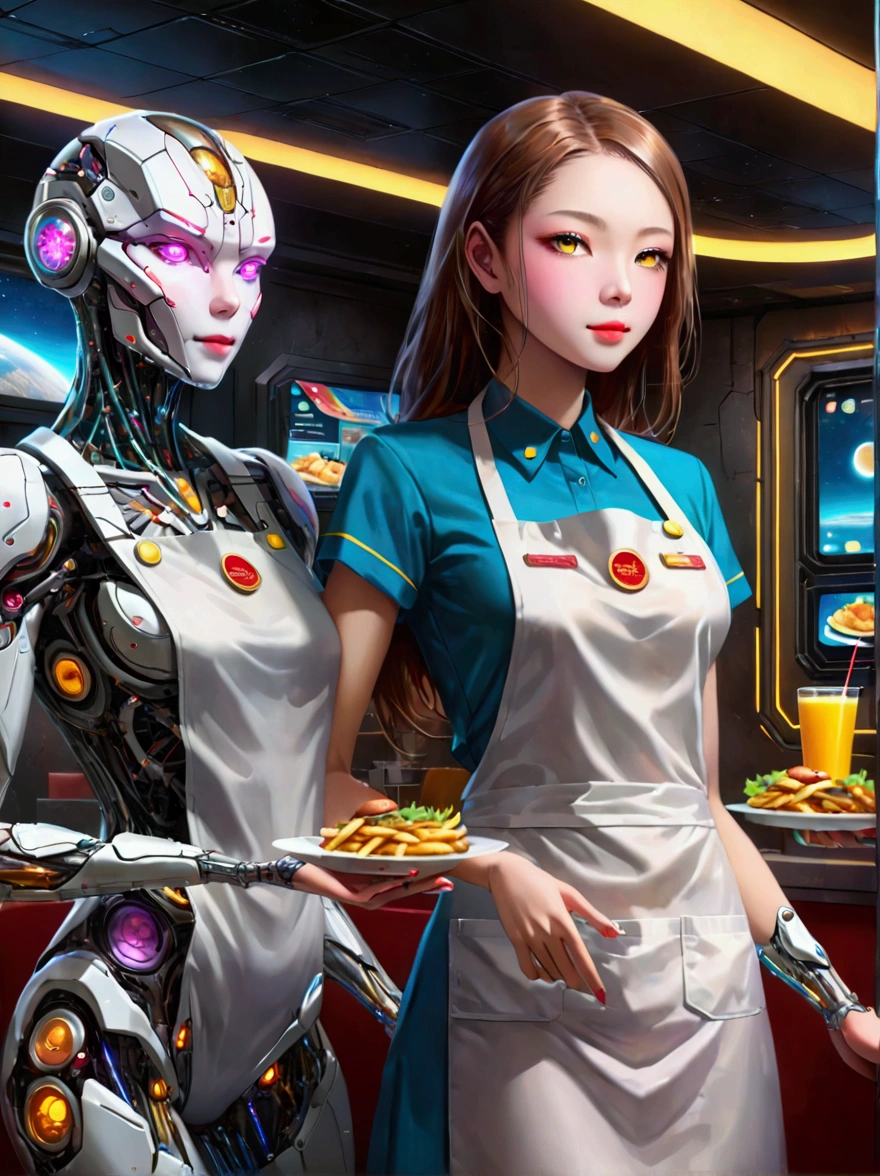 Best quality，8K，high resolution，masterpiece，Ultra Detailed，lifelike，Photorealism，future world，(Fast food restaurant cyborg female employee on the moon:1.5)，(apron)，(Fast food restaurant staff uniforms)，Transparent Mecha，Cyberpunk cyborg woman，doll，Beautiful meticulous eyes，Beautiful delicate lips，Extremely detailed eyes and face，Long eyelashes，Physically Based Rendering，Extremely detailed description，Ultra-detailed paintings，Futuristic interior decoration，Neon，Sharp focus，Vibrant colors，Science Fiction，Concept Art，High-tech atmosphere，Studio Lighting，HDR，Ultra HD，Bokeh