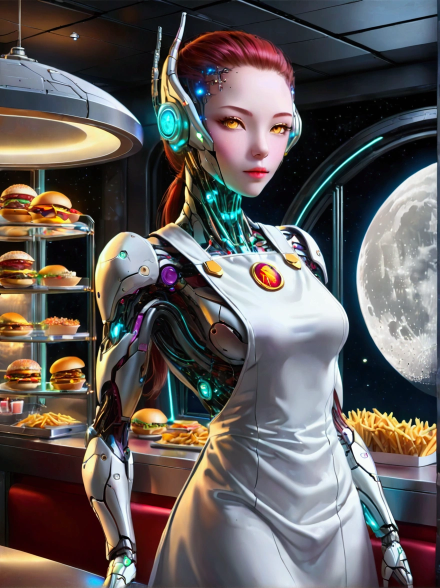 Best quality，8K，high resolution，masterpiece，Ultra Detailed，lifelike，Photorealism，future world，(Fast food restaurant cyborg female employee on the moon:1.5)，(apron)，(Fast food restaurant staff uniforms)，Transparent Mecha，Cyberpunk cyborg woman，doll，Beautiful meticulous eyes，Beautiful delicate lips，Extremely detailed eyes and face，Long eyelashes，Physically Based Rendering，Extremely detailed description，Ultra-detailed paintings，Futuristic interior decoration，Neon，Sharp focus，Vibrant colors，Science Fiction，Concept Art，High-tech atmosphere，Studio Lighting，HDR，Ultra HD，Bokeh