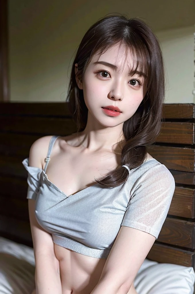 (8K, RAW Photos, Highest quality, masterpiece:1.2), inn, One girl, 3d, Asian, 前hair, just_shoulders, bow, good, chest, brown_eye, brown_hair, chestの谷間, gray_background, lips, length_hair, length_sleeve, Looking_in_Audience, Moderate_chest, belly button, nose, off_shoulder, Open_Clothes, Open_shirt, panties, Realistic, shirt, 一人in, Stomach, underwear, Take off, upper_body, white_good, white_panties, white_shirt,Shiny skin, beautiful delicine face, beautiful delicine eye ,(Realistic, photo Realistic:1),Lie down in bed