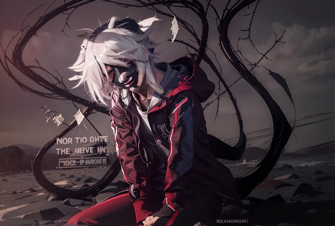 anime, a girl with white hair and a hoodie sitting on a rock, digital art from danganronpa, ken kaneki, nagito komaeda from danganronpa, 2 b, 2b, 2 d art, 2d art, fanart ”, by Puru, a silver haired mad, kaneki ken, he's very menacing and evil
