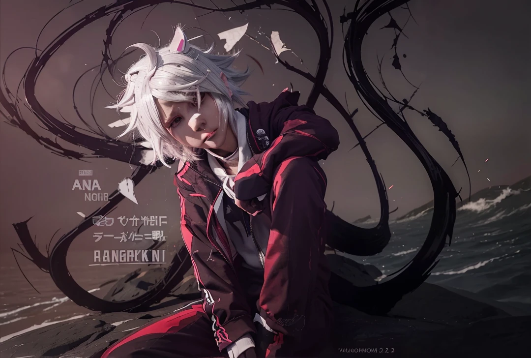 anime, a girl with white hair and a hoodie sitting on a rock, digital art from danganronpa, ken kaneki, nagito komaeda from danganronpa, 2 b, 2b, 2 d art, 2d art, fanart ”, by Puru, a silver haired mad, kaneki ken, he's very menacing and evil