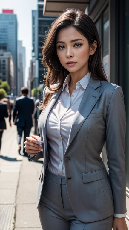 (8K, RAW Photos, 最high quality, masterpiece: 1.2), (Realistic, photoRealistic: 1.37), 1 Woman in a suit standing on the sidewalk, Cityscape, Day, Sunny Morning, Professional Lighting, Photon Mapping, Radio City, Brazilian women, Torn, shirt, Woman in a suit, Silk Suit, masterpiece, 最high quality, high quality, High resolution, big , ((Face close-up)),