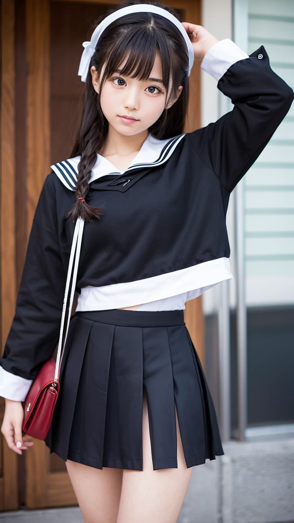 Japanese 18 year old high school girl、Black sailor suit mini skirt、