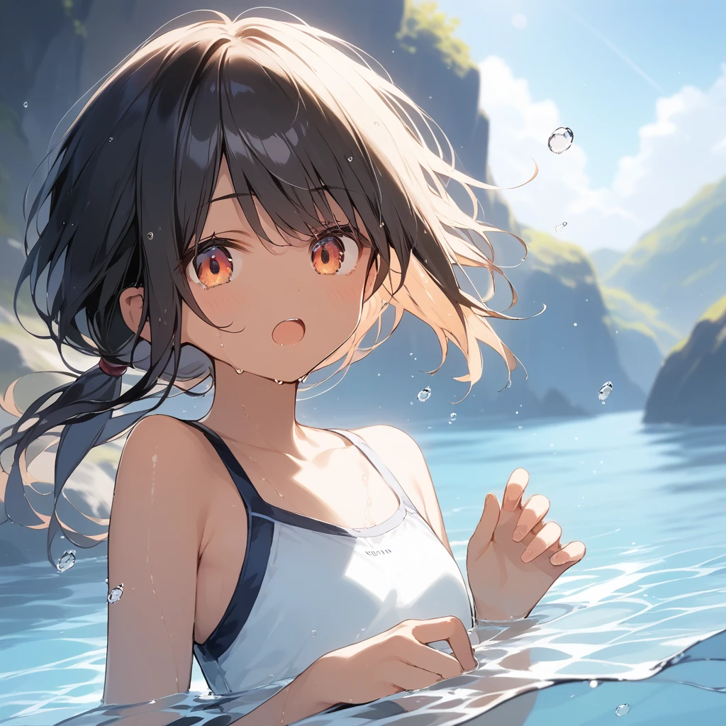 score_9, score_8_up, score_7_up, source_anime, best quality, masterpiece, official art, absurdres, highres, ultra-detailed,waifu2x,Collection: Slice of Life,break,1girl, tomboy, dark-skinned female, short hair, low ponytail, flat chest, beautiful detailed eyes, swimsuit, wet, open mouth, (yawn:0.3), sleepily, water, outdoors, wind,break,(clear line illustration:1.2), super detailed skin,very high resolution, very aesthetic, Best sexual lighting powered by famous artist, 8k,cute picture,beauty illustration,photoshop_(medium),,(Detailed Lighting),best anime 8k konachan wallpaper, pixiv contest winner,