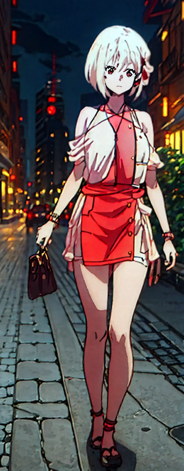 High resolution, High resolution,2D Anime Style,,Cool woman,Mature,,20th generation,short hair,Blonde,Red eyes,Beautiful Watches,Beautiful earrings,Street fashion,Walking,night,