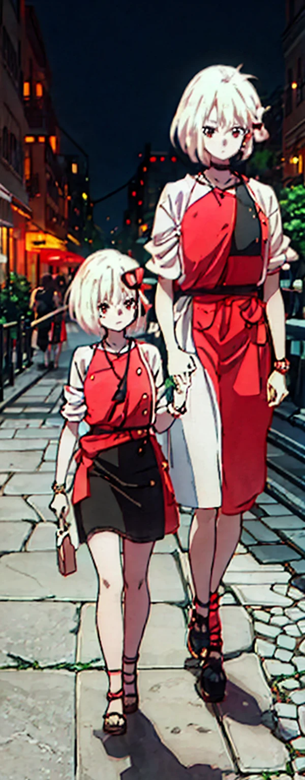 High resolution, High resolution,2D Anime Style,,Cool woman,Mature,,20th generation,short hair,Blonde,Red eyes,Beautiful Watches,Beautiful earrings,Street fashion,Walking,night,