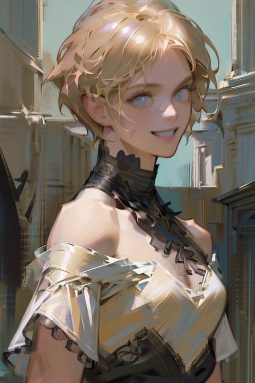 (rule of thirds:1.4), ((ultra realistic illustration:1.2)),Athletic blonde woman, (short hair), tomboy, cute, ((smile)), sexy, smoky eye, choker, sheer lace black minidress, high heels.Masterpiece, best quality,(highly detailed:1.2),(detailed face and eyes:1.2), 8k wallpaper, depth of field, natural lighting. core shadows, high contrast, bokeh.