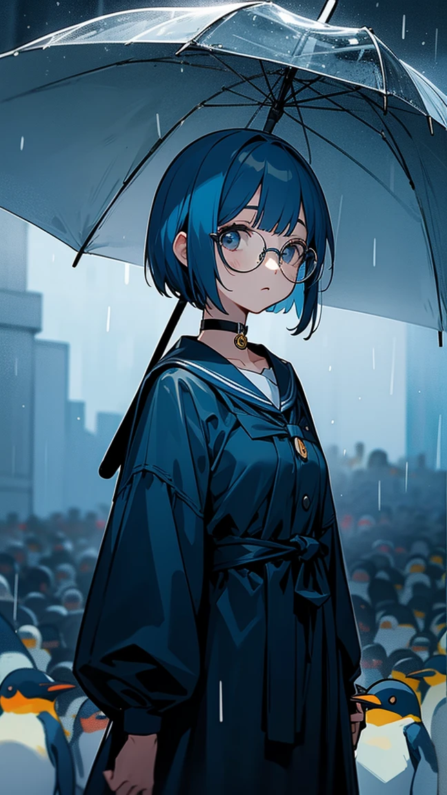 muff, Blue Hair, rain、幾何学なrain、No umbrella、Colorful Hair, A cool woman with short blue bob hair, , Black choker around the neck、Wearing glasses、penguin
