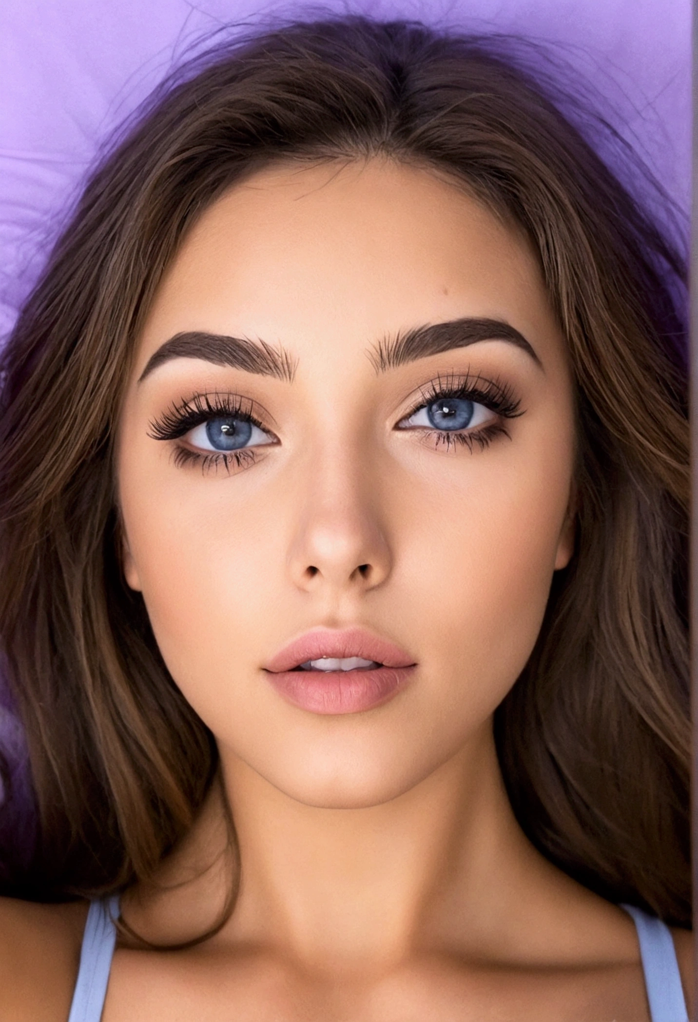 arafed femme pleinement , hispanic, fille sexy aux yeux bleu, ultra réaliste, Méticuleusement détaillé, portrait sophie mudd, cheveux bruns et grands yeux, selfie d&#39;une jeune femme, yeux de la chambre, violette myers, sans maquillage, maquillage naturel, regarder directement la caméra, visage avec artgram, maquillage subtil, superbe photo de tout le corps à genoux sur le lit, dans la chambre, Buste de taille moyenne à grande