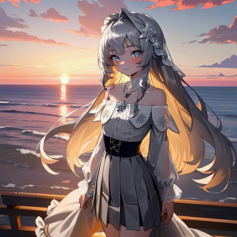 ((masterpiece, extremely high quality)),((4k, detailed beautiful cute eyes)),((cinematic view, high detailed sunset, high detailed colors, high detailed clouds, depth of view)),1girl standing at a beach side with arms at her back, looking at viewer, white skin, closed lips, wide gentle smile, silver long-hair, grey-bluish eyes, slender physique, medium-size chest, small-diamond snowflake necklace, white off-shoulder straps ruffled blouse, greyish high-waisted a-line mini skirt with lace trim.