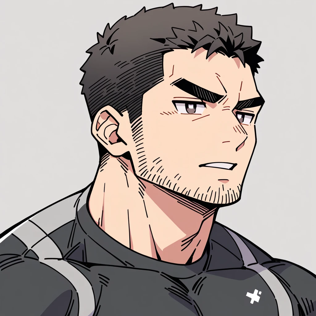 anime characters:Chris Redfield, Muscle Sports Student, Buzz Cut, Manliness, male focus, Dark black Yellow high collar long sleeve tight T-shirt, Very tight, full and perky chest muscles, muscular male, muscular, only, Upper body, alone, Black short hair, Thick eyebrows, stubble, Brown-red pupils, Grey background, simple background, amazing quality, best aesthetics, Ridiculous, crew cut, parted lips, v-shaped eyebrows, jitome, best quality