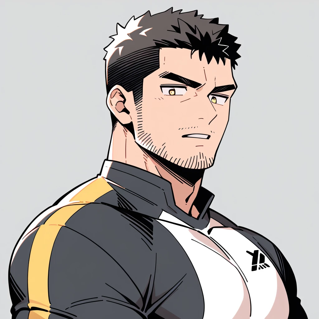 anime characters:Chris Redfield, Muscle Sports Student, Buzz Cut, Manliness, male focus, Dark black Yellow high collar long sleeve tight T-shirt, Very tight, full and perky chest muscles, muscular male, muscular, only, Upper body, alone, Black short hair, Thick eyebrows, stubble, Brown-red pupils, Grey background, simple background, amazing quality, best aesthetics, Ridiculous, crew cut, parted lips, v-shaped eyebrows, jitome, best quality