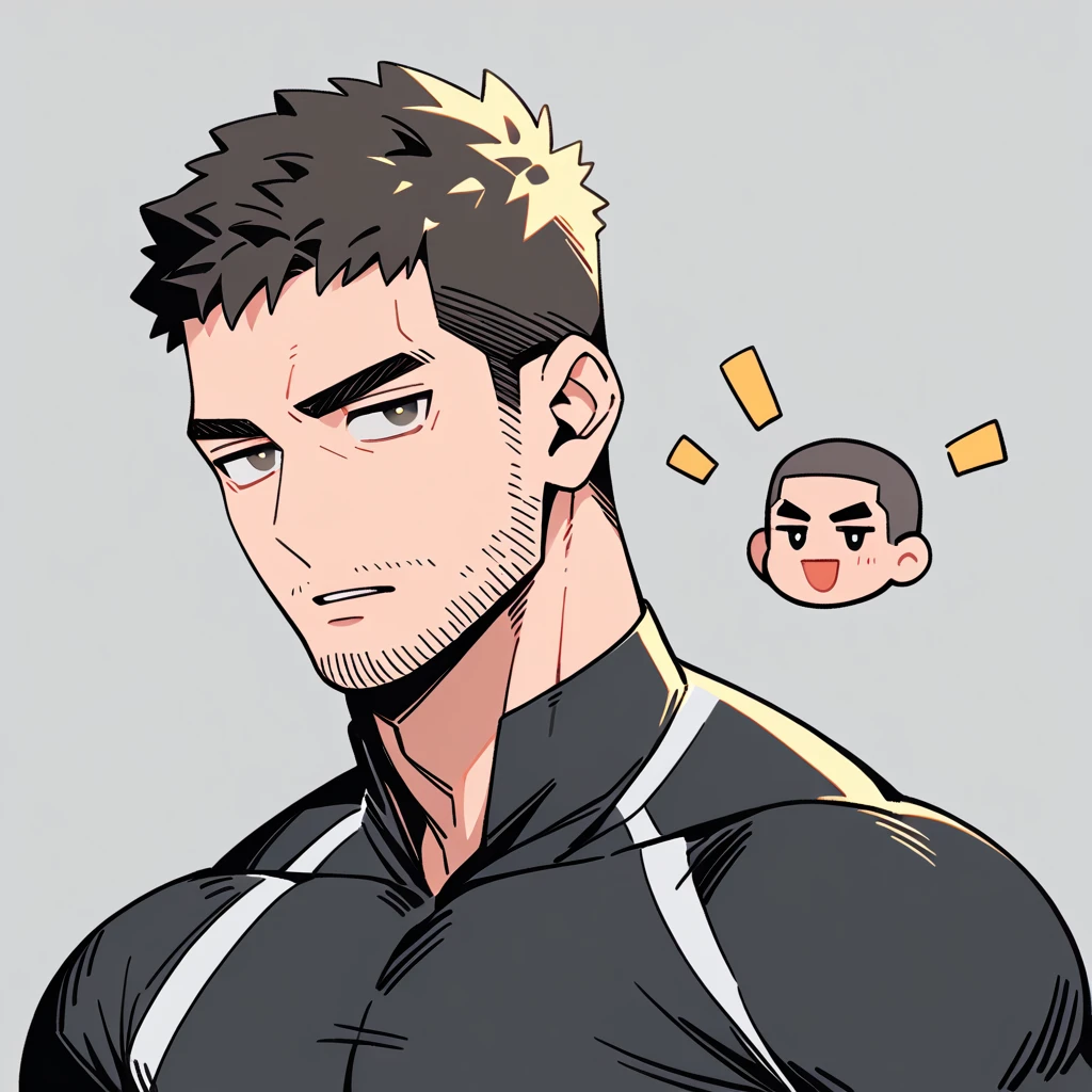 anime characters:Chris Redfield, Muscle Sports Student, Buzz Cut, Manliness, male focus, Dark black Yellow high collar long sleeve tight T-shirt, Very tight, full and perky chest muscles, muscular male, muscular, only, Upper body, alone, Black short hair, Thick eyebrows, stubble, Brown-red pupils, Grey background, simple background, amazing quality, best aesthetics, Ridiculous, crew cut, parted lips, v-shaped eyebrows, jitome, best quality
