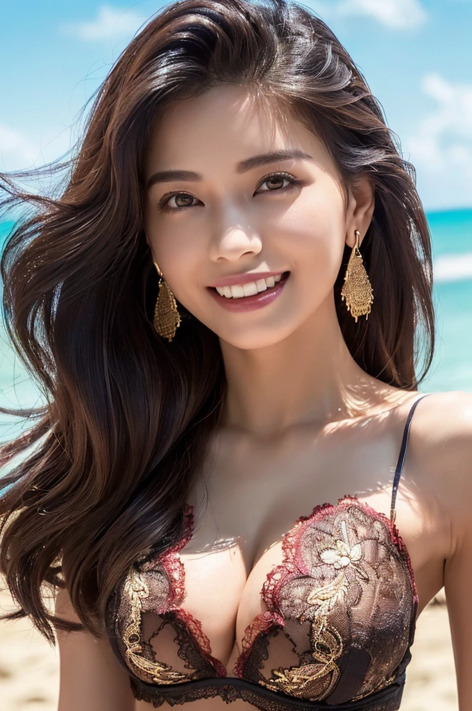 (highest quality, 8K, Award-winning work, ultra high resolution), full body photograph, solo:1.5, (one beautiful woman:1.5), perfectly tailored outfit, (((silk), ((lacy)), chainmail, earrings, Sew, ((embroider)), Exactly, straight brown hair, cleavage, Look at me, sexy pose, standing:1.2, (medium breasts:1.1), (Most emphasize the body line:1.1), accurate anatomy, ultra high definition hair, Perfect and beautiful teeth in ultra high resolution, Ultra high definition beauty face, ultra high definition hair, ultra high-resolution beautiful skin, ultra high resolution, beach background