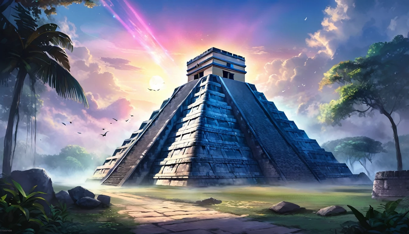 card "Pyramid of Kukulkan": Description: Majestic pyramid, towering in the center of the Lost City of Chichen Itza. Explore its secret passages and find ancient artifacts. Peculiarities: Hidden Traps, ancient inscriptions, mystical rituals., digital painting, location, location из игры, большая location, glowing effects in the background, fog in the foreground with glow effects, colorful, cute style, anime style, огромная игровая location, shimmering treasures, attention-grabbing