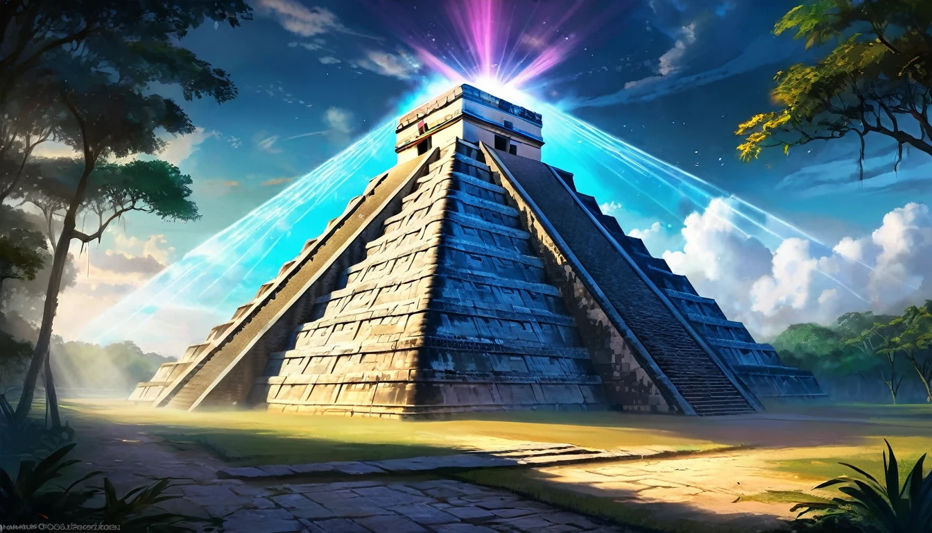 card "Pyramid of Kukulkan": Description: Majestic pyramid, towering in the center of the Lost City of Chichen Itza. Explore its secret passages and find ancient artifacts. Peculiarities: Hidden Traps, ancient inscriptions, mystical rituals., digital painting, location, location из игры, большая location, glowing effects in the background, fog in the foreground with glow effects, colorful, cute style, anime style, огромная игровая location, shimmering treasures, attention-grabbing