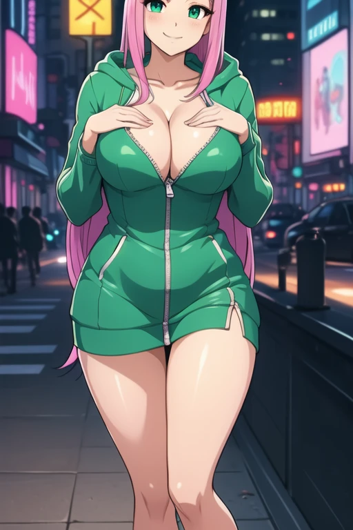 1 girl, 19 years old, Long pink hair, green eyes with slit pupils, master-piece, best quality, (standing up), (green hoodie), (long-sleeved, tight hoodie zipper dress, cleavage),  (Big , ultra gigantic , Super super big, Glamorous body), Make eye contact with the camera, front figure, looking forward, (light_Smile:1.5), (Detailed hands and fingers:1.2) (Cyberpunk City), (FULL BODYSHOT), thighs thighs thighs thighs、beauty legs、Bare legs