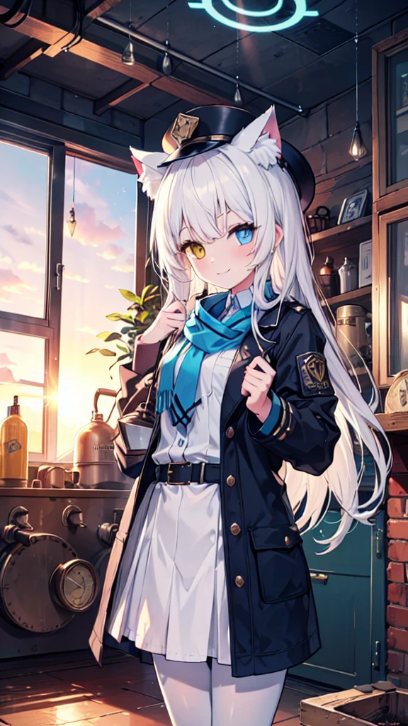 White pantyhose，White hair，Smile，Long hair，Cat ear，Heterochromia（Left blue right yellow），Female face，There are bright spots in the eyes，flat chest，blue halo，Alone，Inside the boiler room，Sunset，Steampunk，hat，Carrying a toolbox，With a wrench on his shoulder