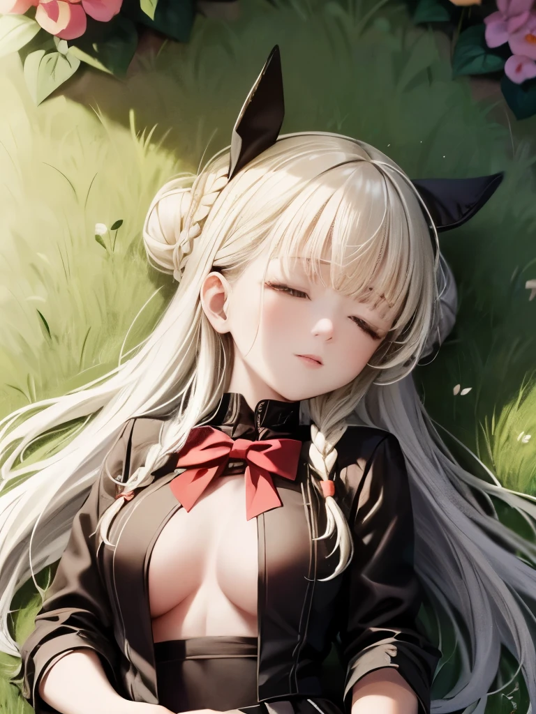 masterpiece, Highest quality, Ultra high definition, 8K Ultra HD, Phemonica, Hair Bun, Braiding, Red Bow, Black jacket, Black Skirt, Red Pantyhose, Upper Body, From above, Sleeping on your back, Grass,grass, View your viewers, tired, smile, garden