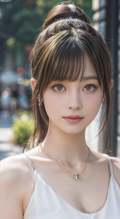 8K, Tabletop, RAW Photos, Highest quality, Realistic, 非常に詳細な CG Unity 8K 壁紙, Depth of written boundary, Professional Lighting, Ray Tracing, (Very beautiful face, Beautiful Lips, Beautiful Eyes), Exquisitely detailed face, ((Highly detailed skin)) One slender 18 year old Japanese girl, Deep Shadow, cute, ((View your viewers)), (A seductive smile), (Blurred Background), (Large Breasts:1.5),  Earrings, bracelet, necklace, Clear Eyes, Black Background, Front shot, (Pale skin), Look forward, (Big eyes),  (Camel Toe), (sporty), (Blonde ponytail),