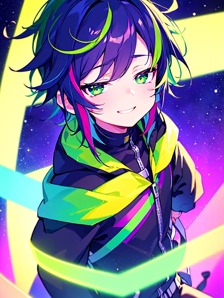 [(GALAXY SUMMER BACKGROUND:1.5),::5], ((((masterpiece)))), high quality, ultra very high resolution, full color, (((solo))), ((**********)), Purple hair, ((Green streaked hair)), (Green eyes), anime, ((upper body)), neon light, black parka, smile