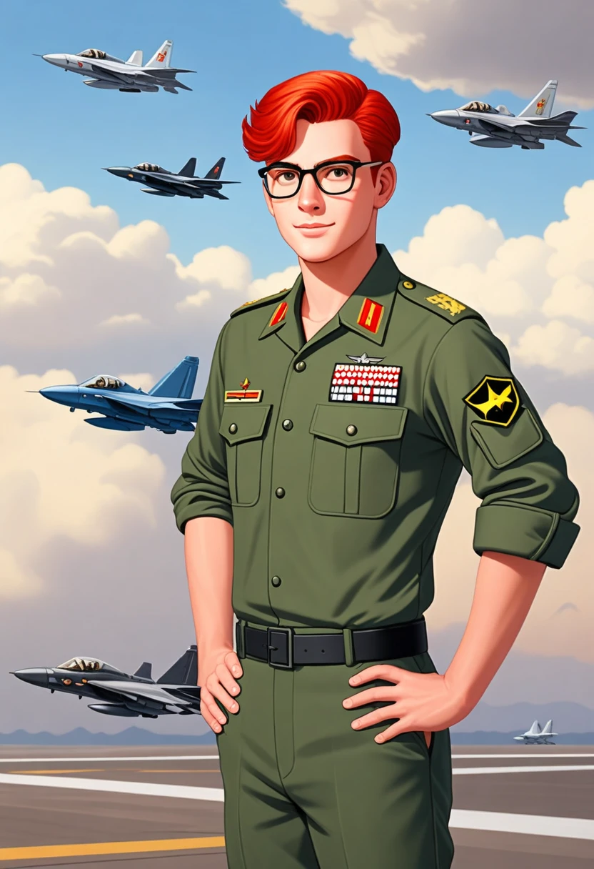 display propaganda, depicting a 20-year-old man with red hair wearing glasses. He wears a general’s uniform and looks straight ahead with a proud look and smiles. He is represented very large in the center of the poster and he raises his arm in front of him. Last one, several modern fighter planes fly leaving behind a white drag. At the bottom of the poster is a flag with three colors: Yellow, White and Red. At the bottom of the poster there is written in red letters "Follow the supreme leader!" [Propaganda poster] [Inscription "Follow the supreme leader!"]