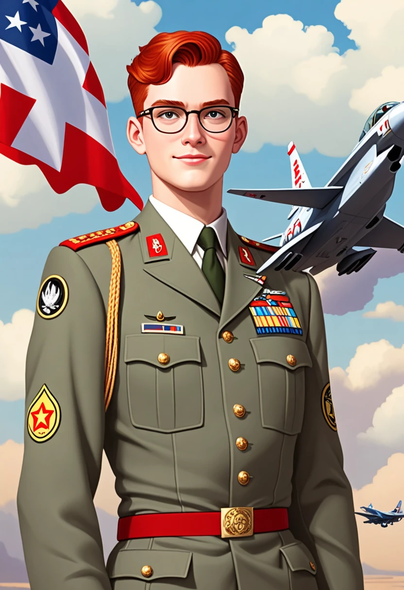 display propaganda, depicting a 20-year-old man with red hair wearing glasses. He wears a general’s uniform and looks straight ahead with a proud look and smiles. He is represented very large in the center of the poster and he raises his arm in front of him. Last one, several modern fighter planes fly leaving behind a white drag. At the bottom of the poster is a flag with three colors: Yellow, White and Red. At the bottom of the poster there is written in red letters "Follow the supreme leader!" [Propaganda poster] [Inscription "Follow the supreme leader!"]