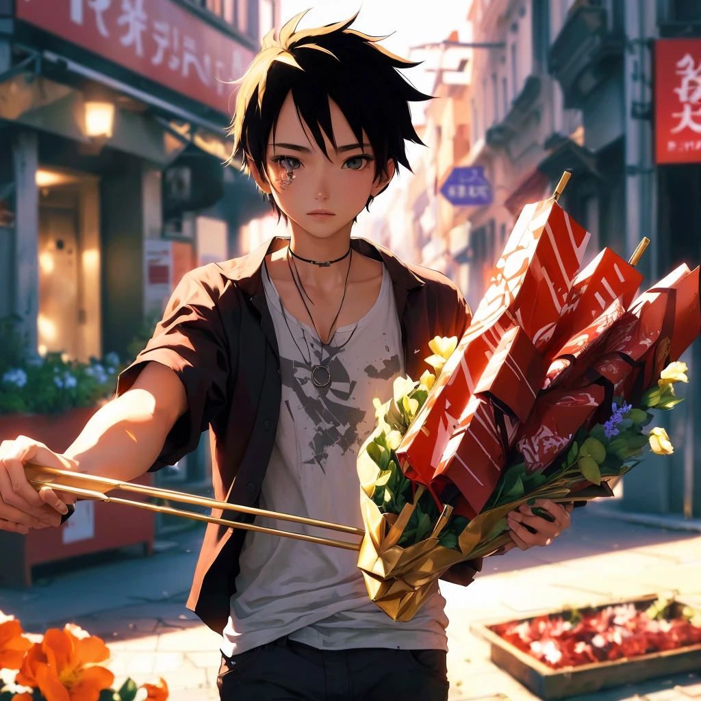 personnage d'anime tenant un tas de nourriture dans une rue de la ville, Luffy, singe d Luffy, Luffy (une pièce, singe d. Luffy, anime dur à cuire 8 k, Luffy from une pièce, style anime épique, style eiichiro oda, 8k!, from une pièce, style artistique anime de haute qualité, Fond d'écran animé 4k, Fond d'écran manga 4K