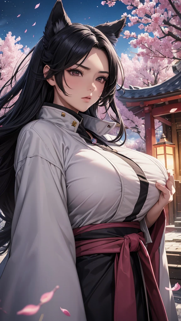 (best quality, masterpiece),(1girl, miko, coat, expression face, black eyes, looking at front ,black hair, walking, upper body), (night strray sky, huge old tree behind, falling glowing pink petals behind, shrine behind, mountain background, blowing wind, meteoric cloud),big breast, milf, wolf ears