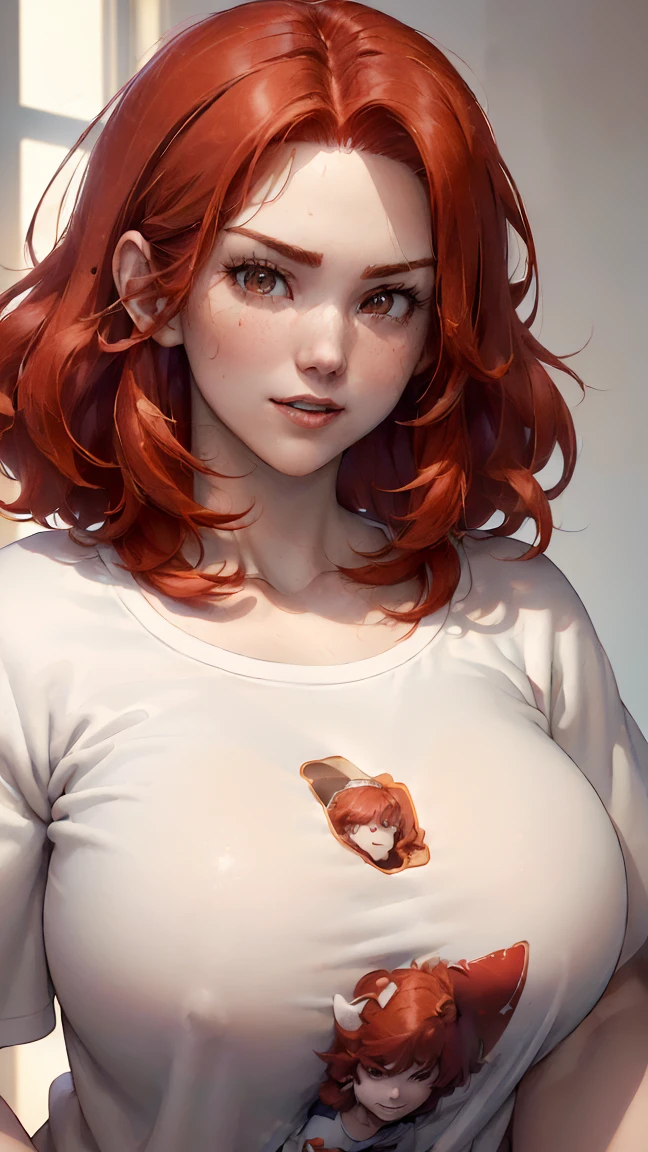 (masterpiece), best quality, 1female, 23 years old, she has short flowing light RED hair, hair straight, (short hair: 1.5), (red hair: 1.35), (messy hair), red eyebrows, (brown eyes: 1.35), (large breasts: 1.50), (huge breasts: 1.50, (thick thighs), wide hips, big chest, curvy girl, well shaped body, (white skin: 1.35), (((wearing sport clothing, black shorts and white baggy t-shirt))), (((plain t-shirt))), (loose t-shirt: 1.35), (living room, home, warm light background), (detailed background), 8k quality, wallpaper, high quality, Cinmatic lightning, happy, gentle face, expressive face, (detailed face), the face is well lit, (detailed eyes), beautiful eyes, (half-closed eyes), (grinning), big smile, (centered,scale to fit dimensions,Rule of thirds), highres,sharp focus,(ultra detailed,extremely detailed),(photorealistic artwork:1.37),(extremely detailed CG unity 8k wallpaper),(((vibrant colors,vibrant theme))), (white t-shirt: 1.35)