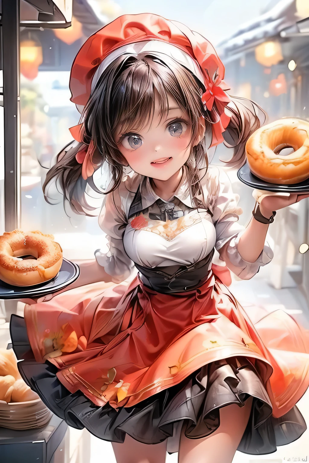 Fast Food Worker, beautiful cute  young lady is holding plates that donuts on them as a waitress, 1girl, smile, food, gloves, apron, solo, holding, red gloves, hat, open mouth, :d, blurry background, brown hair, flower, looking at viewer, blurry, shirt, hair ornament, white headwear, black shirt, short sleeves, blush, pancake, hair flower, plate, bangs, blue eyes, (best quality,4k,8k,highres,masterpiece:1.2),ultra-detailed,(realistic,photorealistic,photo-realistic:1.37),,