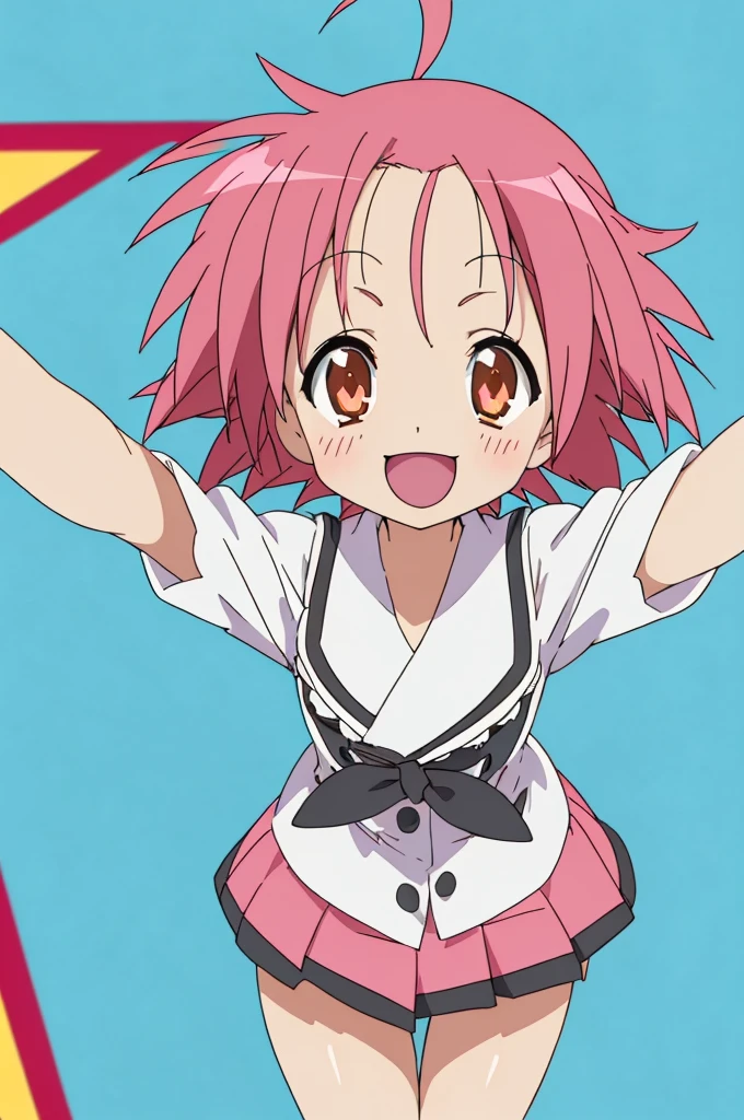 akira kogami,,ahoge,short hair,pink hair, mini skirt, ,from above, :D, spread arms,
(best quality, masterpiece, RAW photo,ultra-detailed:1.2), 1girl,solo,looking at viewer,smile