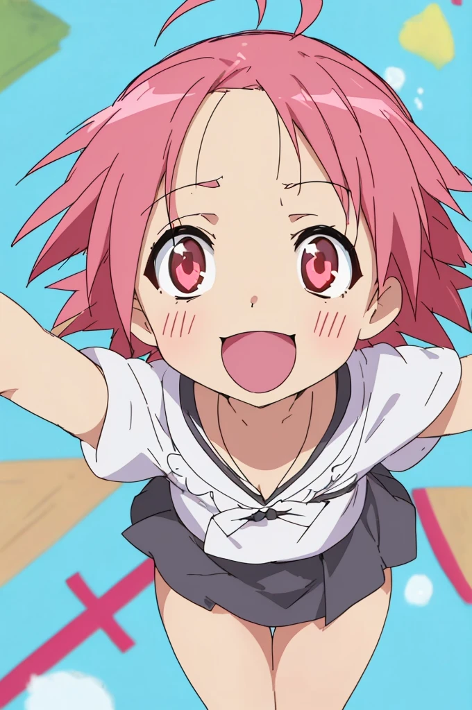 akira kogami,,ahoge,short hair,pink hair, mini skirt, ,from above, :D, spread arms,
(best quality, masterpiece, RAW photo,ultra-detailed:1.2), 1girl,solo,looking at viewer,smile