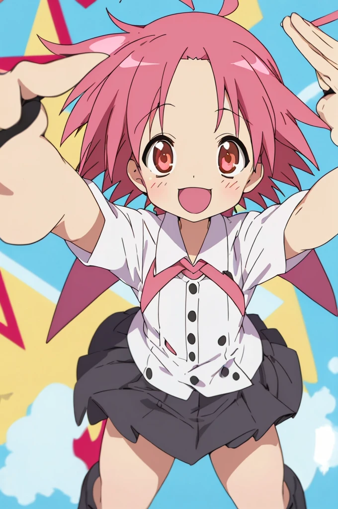 akira kogami,,ahoge,short hair,pink hair, mini skirt, ,from above, :D, spread arms,
(best quality, masterpiece, RAW photo,ultra-detailed:1.2), 1girl,solo,looking at viewer,smile