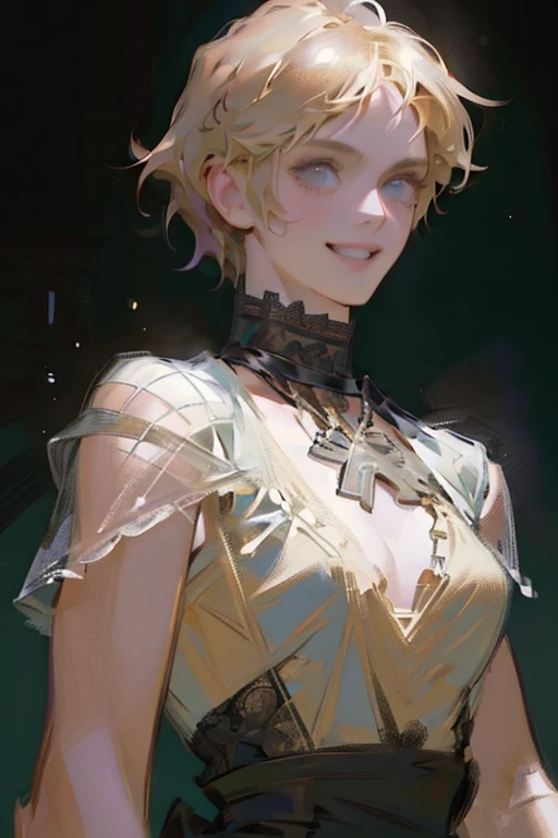 (rule of thirds:1.4), ((ultra realistic illustration:1.2)),Athletic blonde woman, (short hair), tomboy, cute, ((smile)), sexy, smoky eye, choker, sheer lace black minidress, high heels.Masterpiece, best quality,(highly detailed:1.2),(detailed face and eyes:1.2), 8k wallpaper, depth of field, natural lighting. core shadows, high contrast, bokeh.
