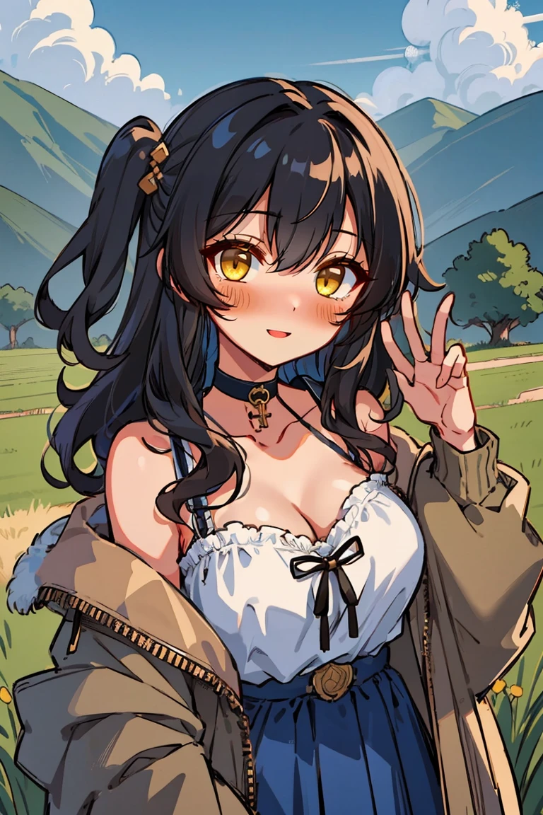 (masterpiece:1.2), (high quality:1.2), (hui xiyi:0.7), rekkyo sensen, rekkyou sensen, girls with((1girl, solo, black hair, yellow eyes, (wavy medium hair, one side up:1.3), blush, breasts, choker, cleavage, coat, bare shoulders, collar, collarbone, cowboy shot, camisole, (navy clothes:1.25), dress, black ribbon belt, rosary, cross, fur, khaki jacket, hood down, hooded coat, hooded jacket, hoodie, jacket, large breasts, long hair, long sleeves, medium breasts, open clothes, open coat,open hoodie, sleeveless, winter clothes, zipper, cleavage, upper body, hand up, waving, palm)), background with((architecture, blue sky, bush, castle, village, no humans, cloud, cloudy sky, day, field, garden, grass, hill, house, lamppost, landscape, mountain, mountainous horizon, nature, no humans, outdoors, scenery, shrine, sky))