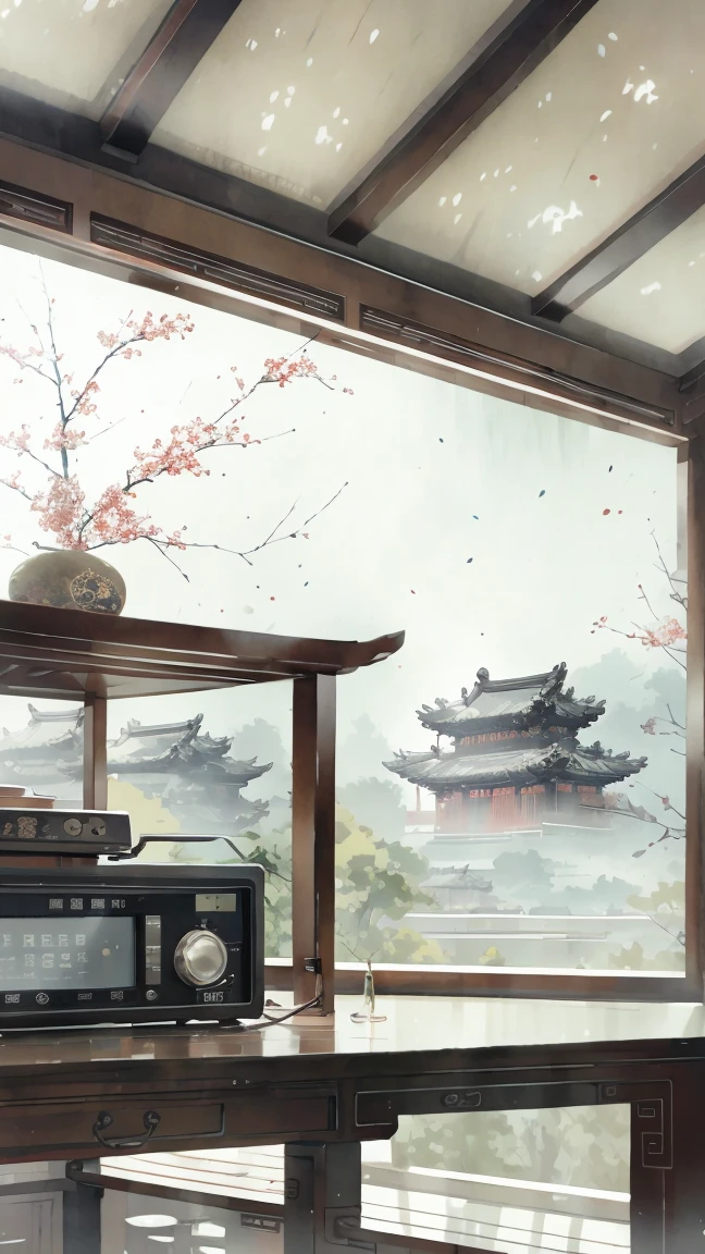 a detailed traditional chinese watercolor painting of a simple office interior in shanghai with neatly arranged radio equipment, detailed wood furniture, warm lighting, intricate architectural elements, high depth of field, cinematic composition, masterful brushwork, muted color palette, natural lighting