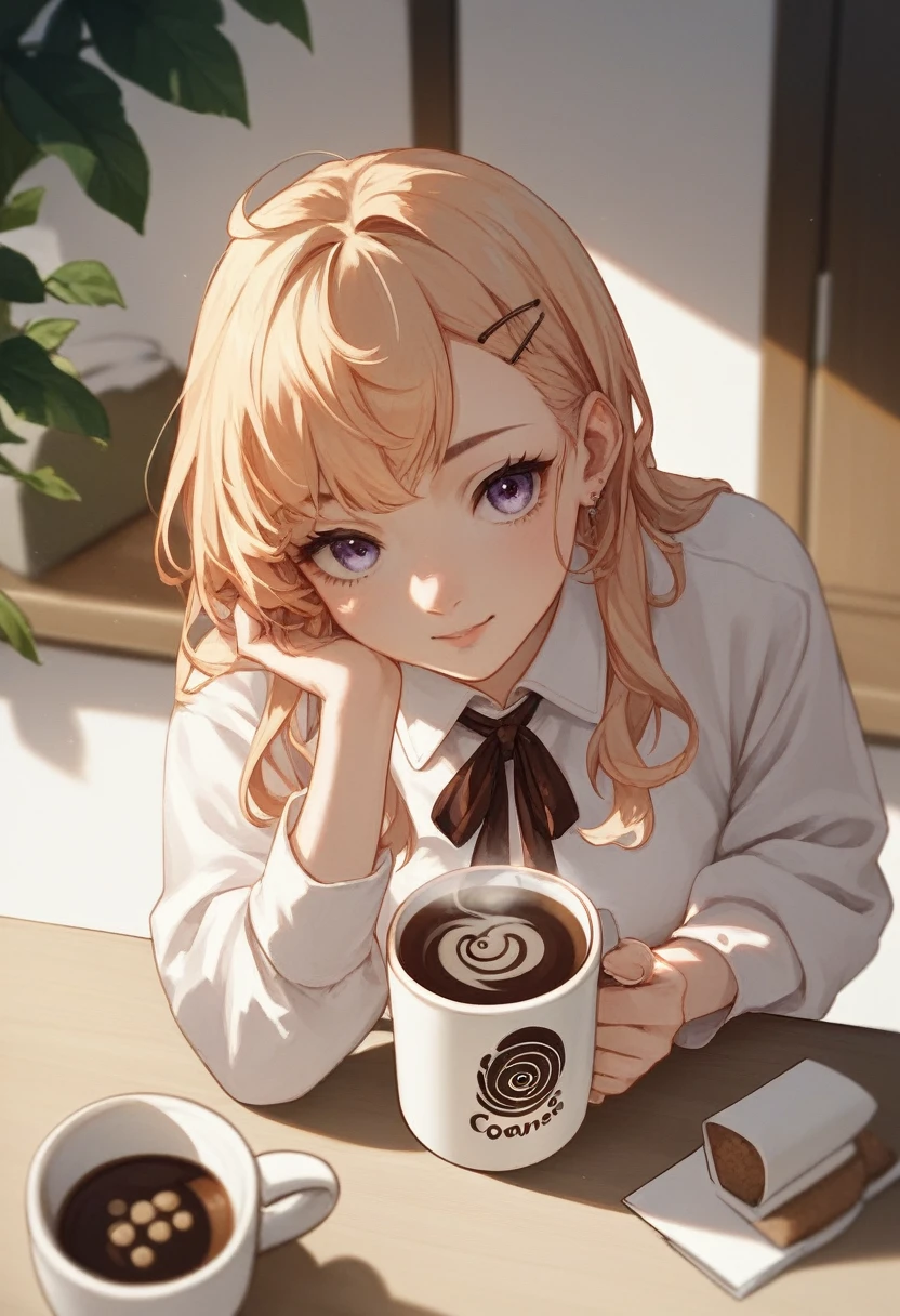 A cup filled with freshly brewed coffee, coffee beans scattered around, a shiny reflection on the surface,score_9,score_8_up,source_anime